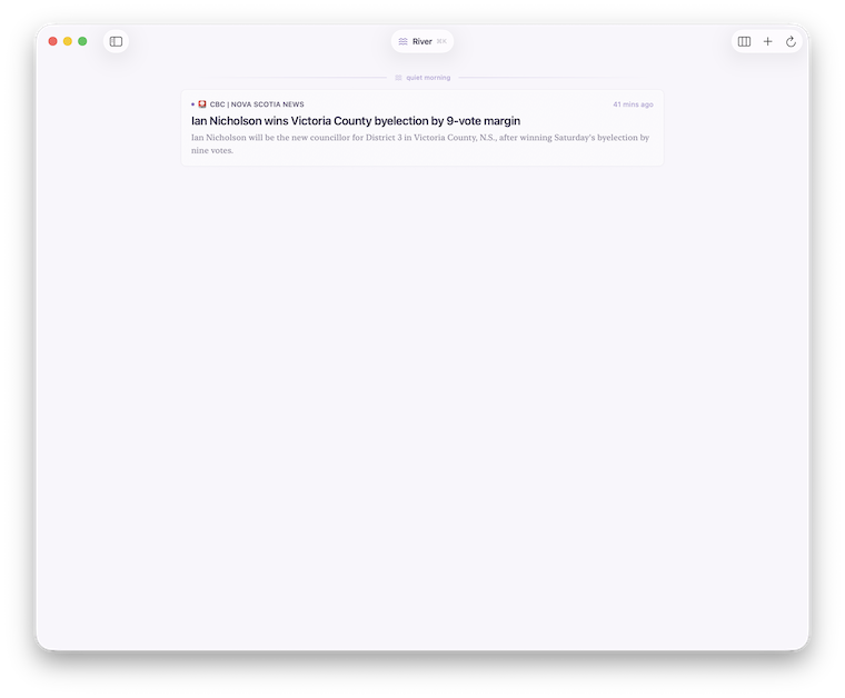 Screen showing a window of the Current RSS reader containing a single article that concerns a local election in the province of Nova Scotia. Click for full size.