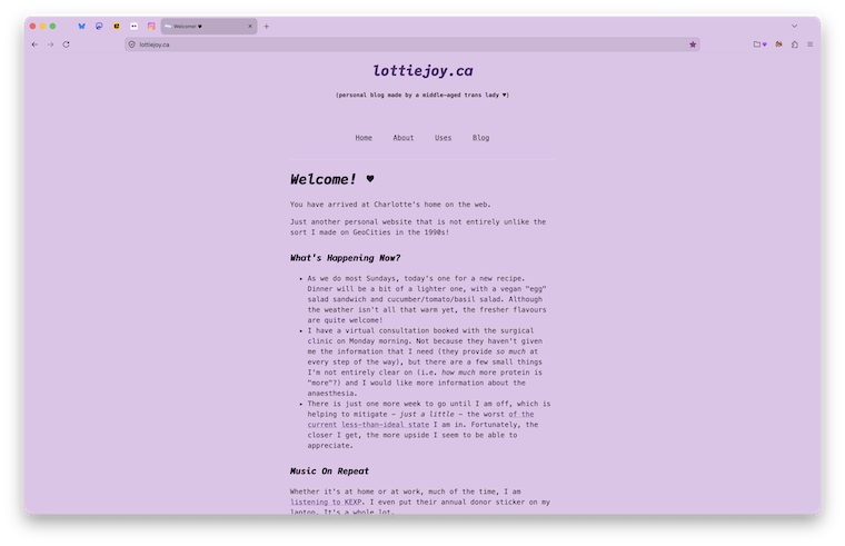 Screen showing a Mozilla Firefox window with this webpage displayed. Since it has the Adaptive Tab Bar Color extension installed, the entire window matches it. Click for full size.