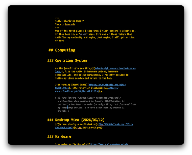 Screen showing a uFocus window with the markdown code for this webpage. uFocus is using an amber screen theme. I find it easier on my eyes. Click for full size.