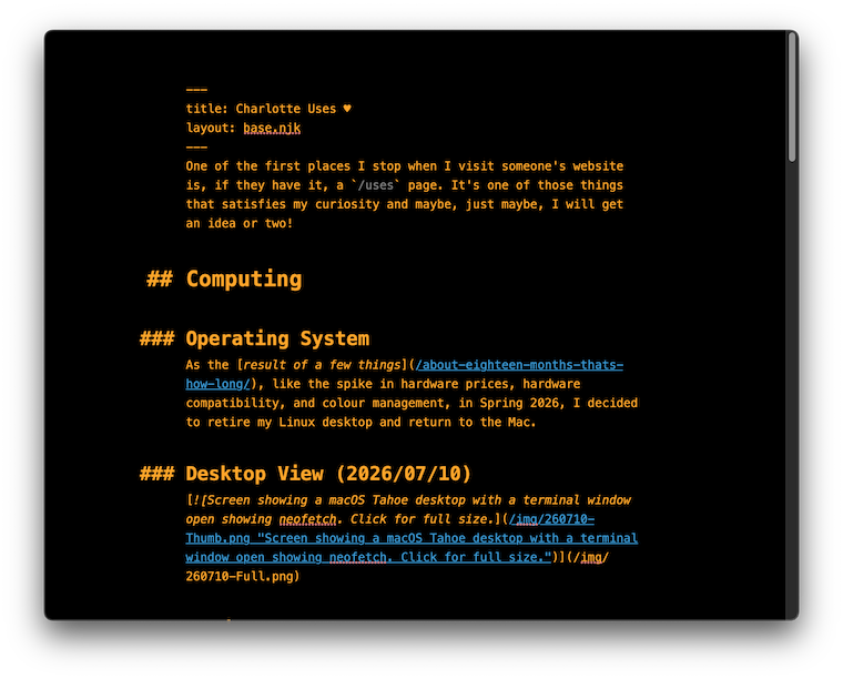 Screen showing a uFocus window with the markdown code for this webpage. uFocus is using an amber screen theme. I find it easier on my eyes. Click for full size.