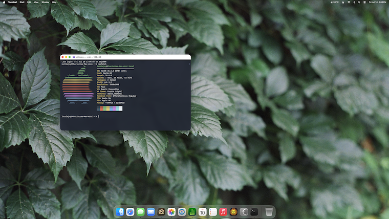 Screen showing a macOS Tahoe desktop with a terminal window open showing neofetch. Click for full size.